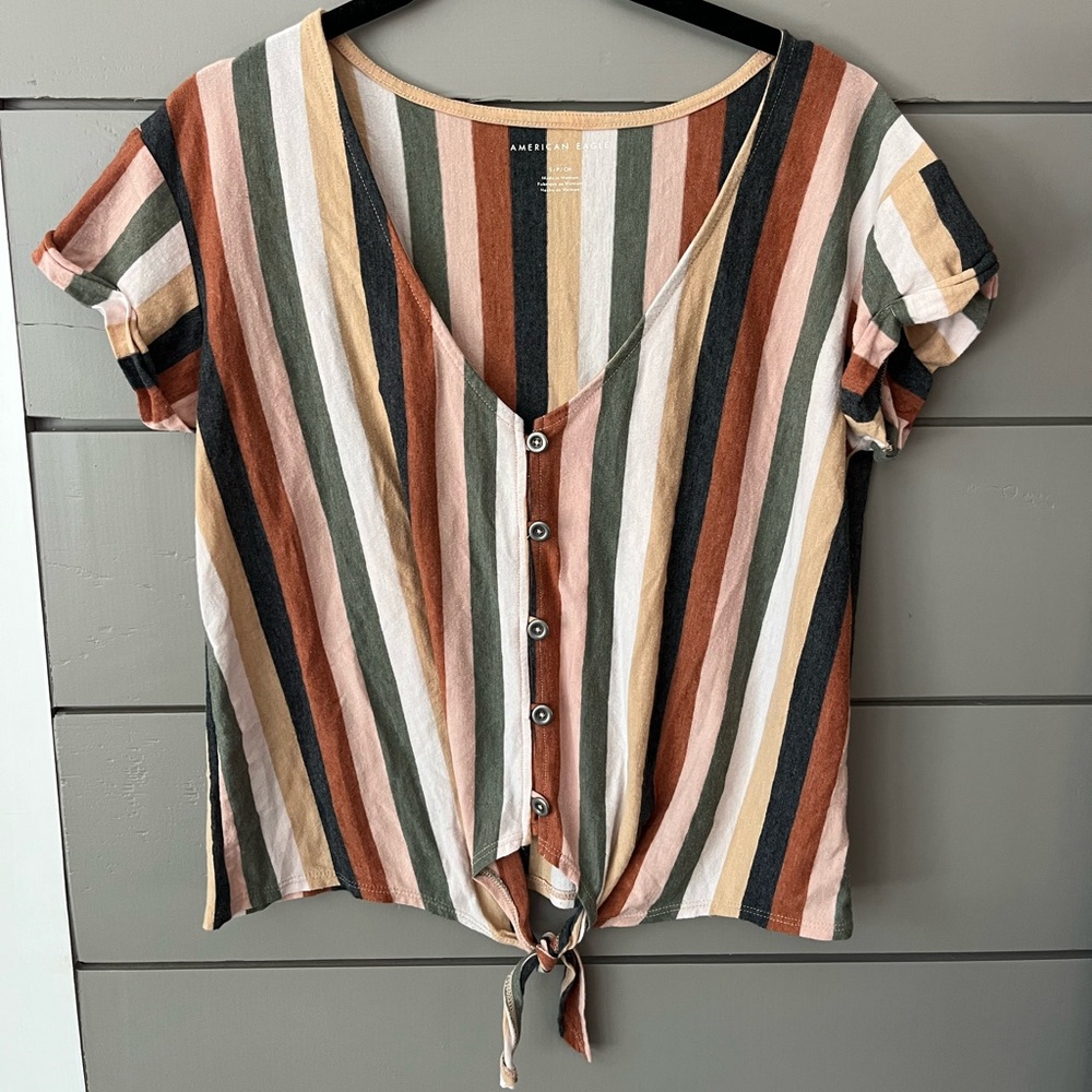 American Eagle Striped button down tie front short sleeve top size S‎